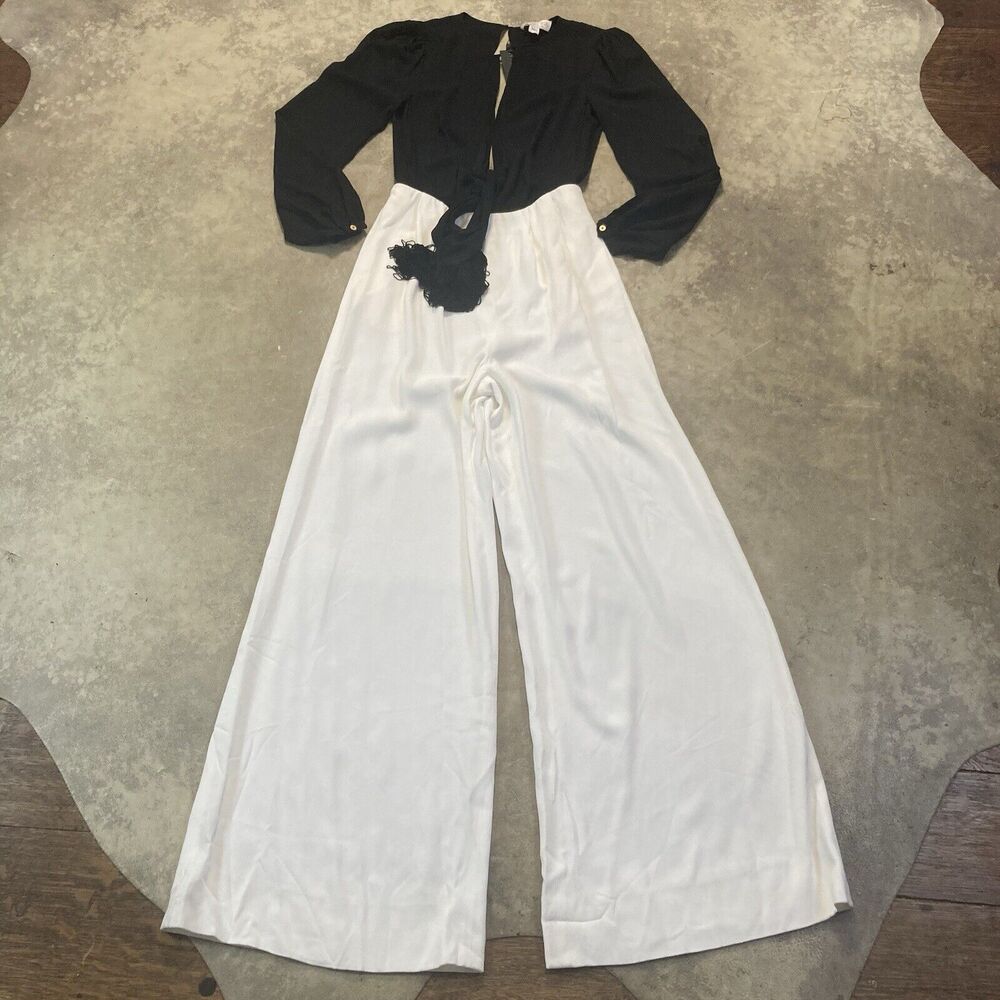Rachel Zoe‎ Guilia Long Sleeve Wide Leg Jumpsuit Womens 4 Black White Sheer Top